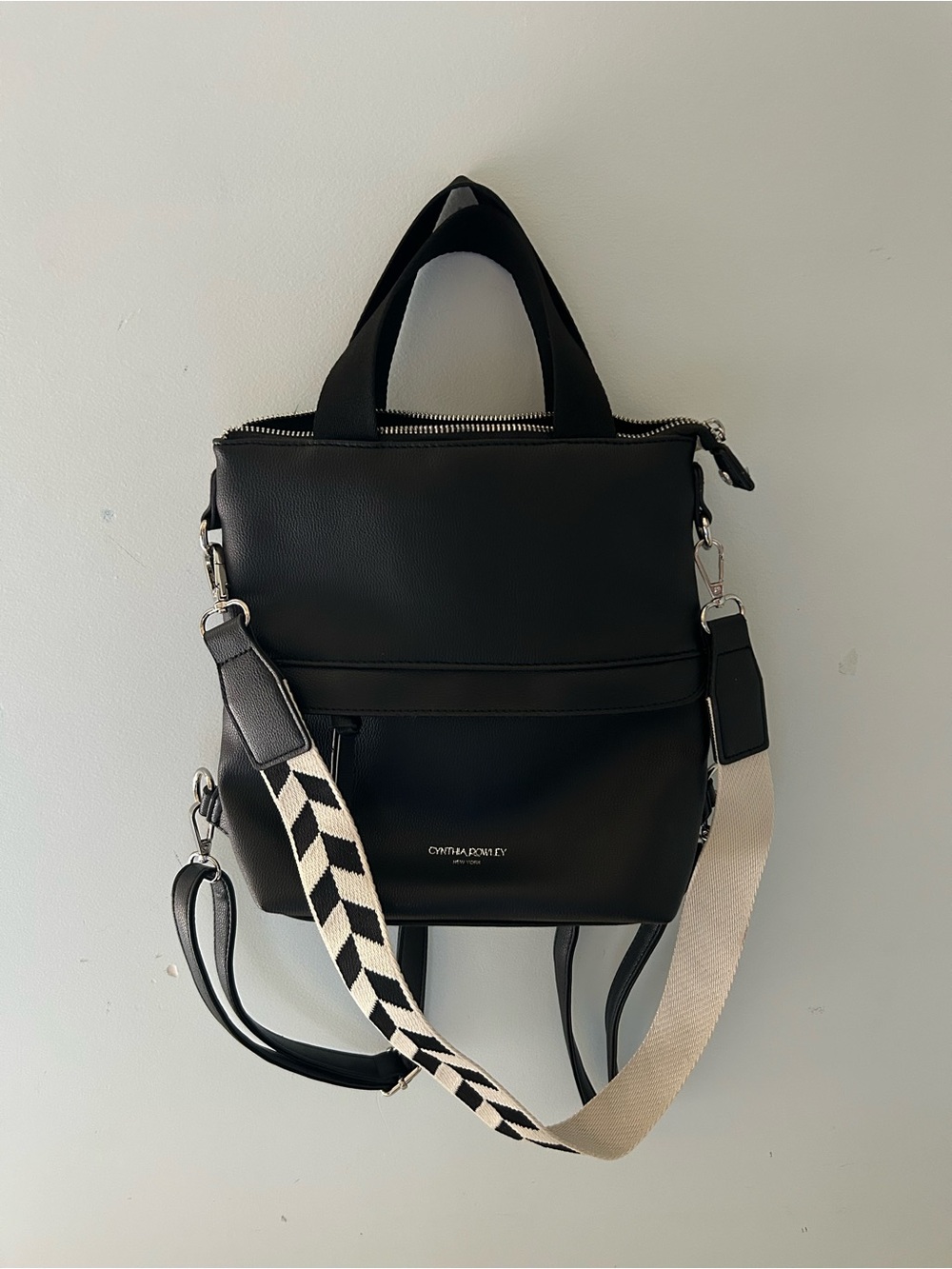 Cynthia Rowley Black Leather Convertible Backpack with Patterned Strap